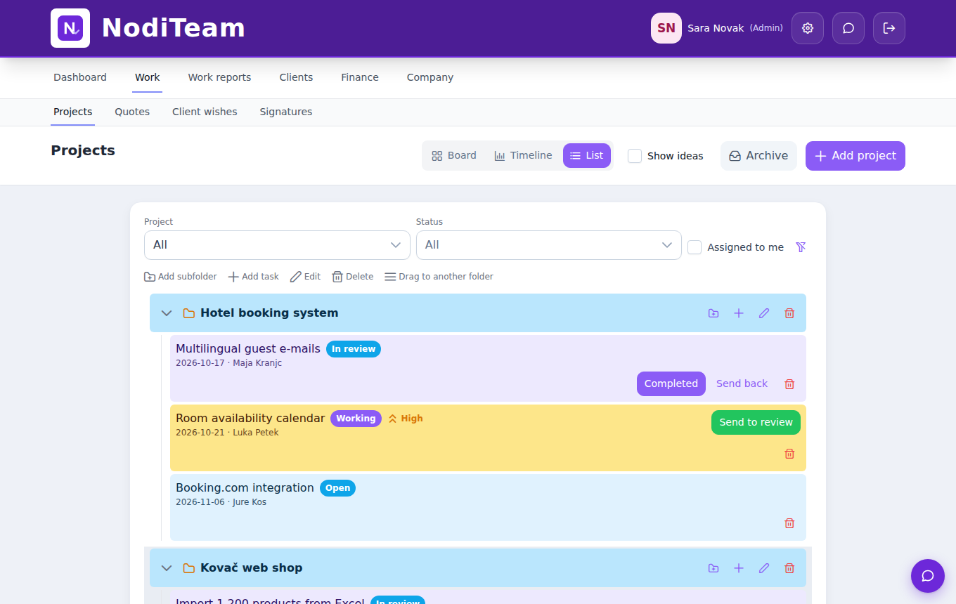 List of projects and tasks in NodiTeam
