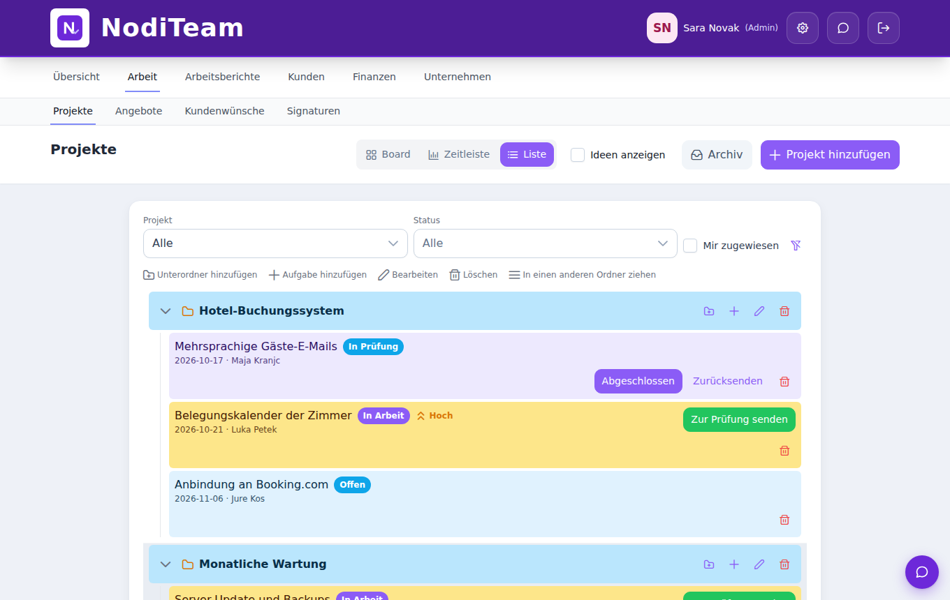 Liste der Projekte und Aufgaben in NodiTeam