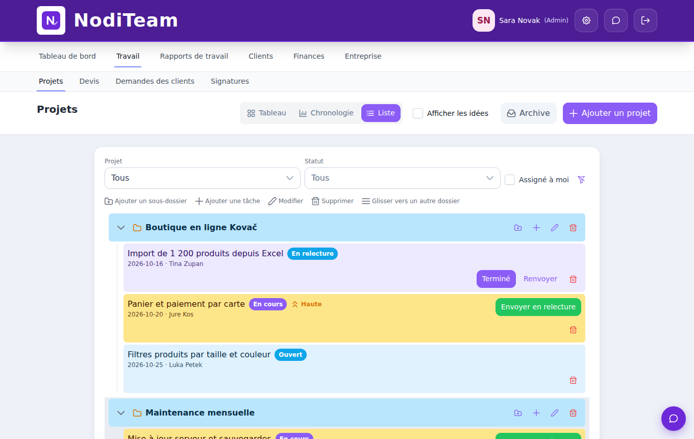 Liste des projets et des tâches dans NodiTeam