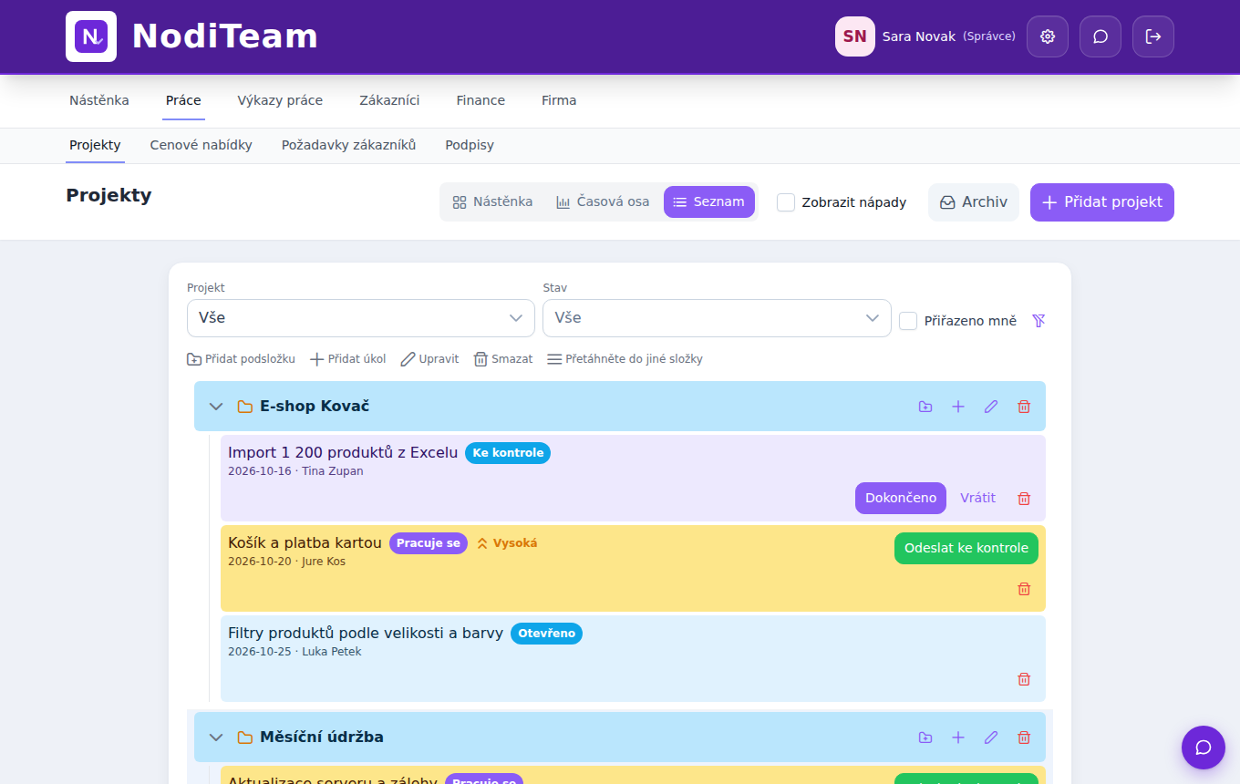 Seznam projektů a úkolů v NodiTeam