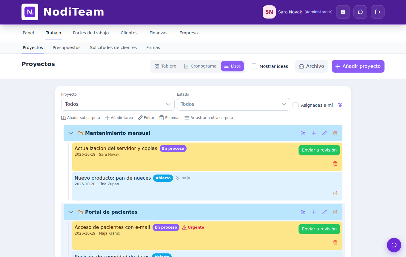 Lista de proyectos y tareas en NodiTeam