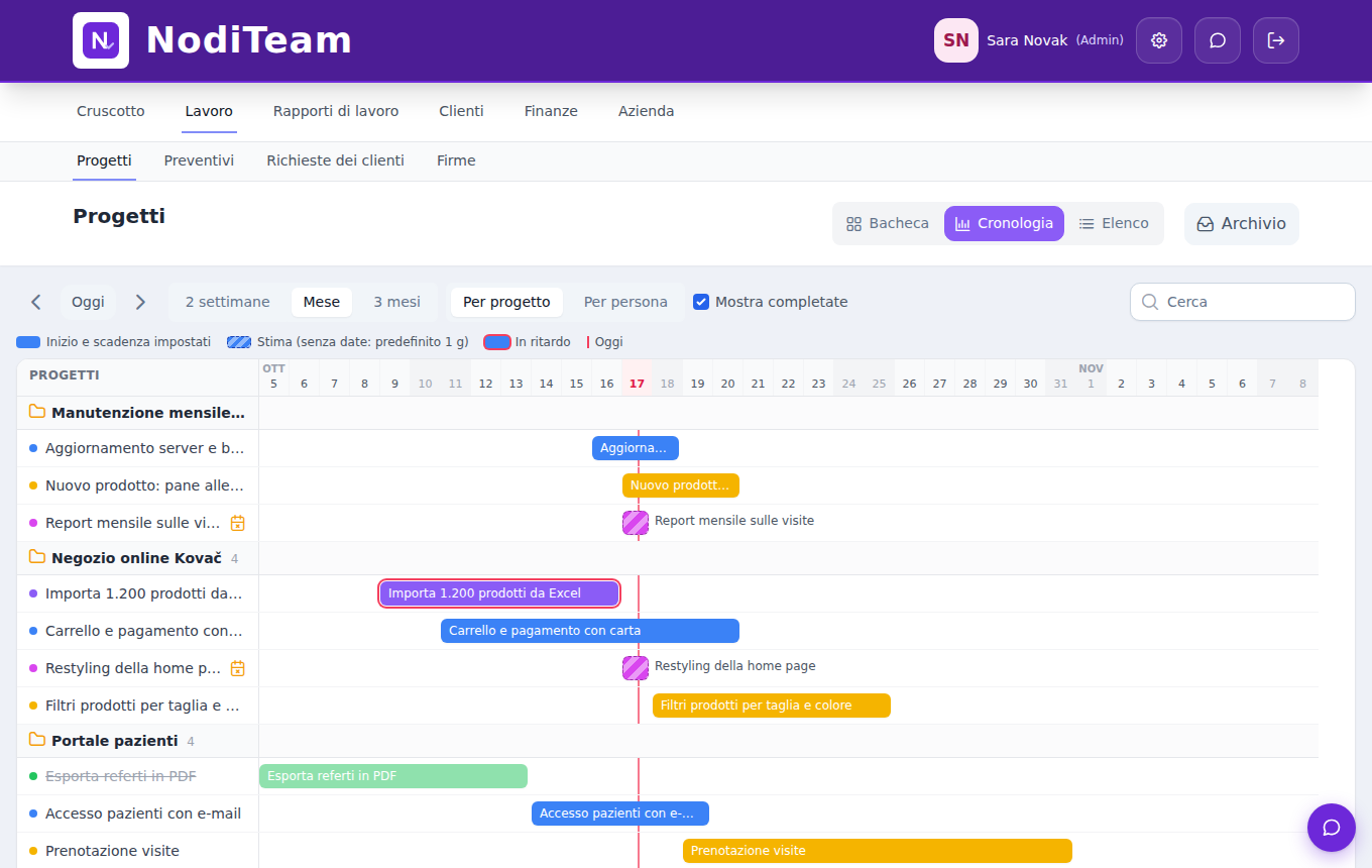 Timeline delle attività in NodiTeam per progetto
